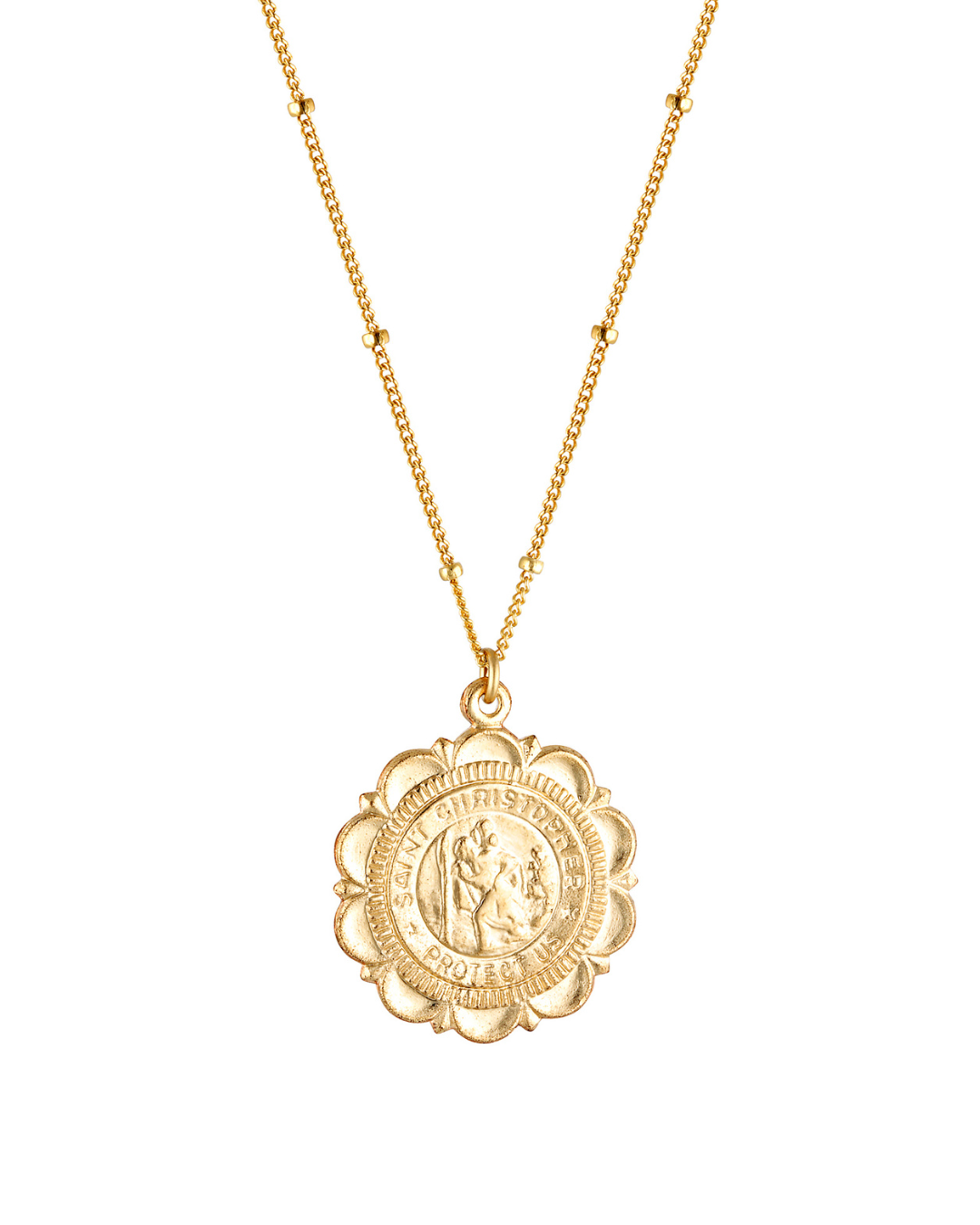 Gold necklace with a detailed Saint Christopher pendant on a white background