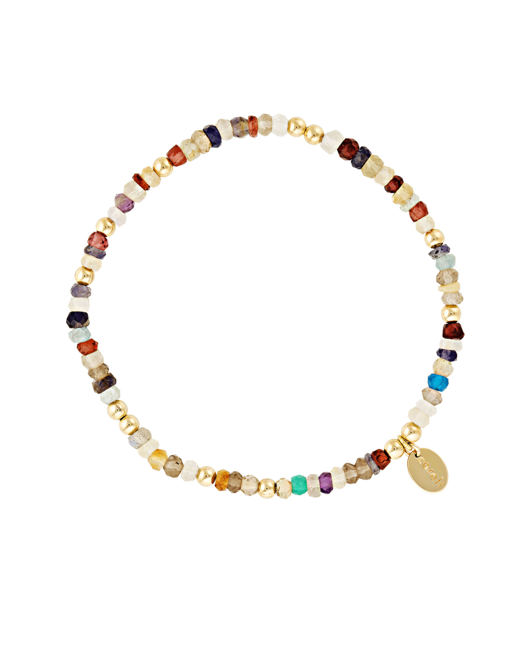 Multi gemstone beaded bracelet with gold beads on a white background
