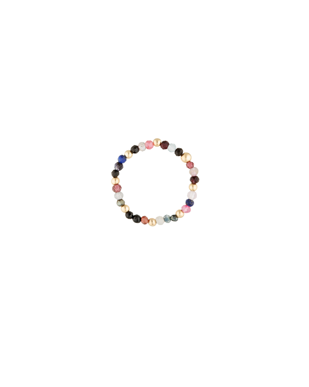 Gold and multi gemstone beaded ring on a white background
