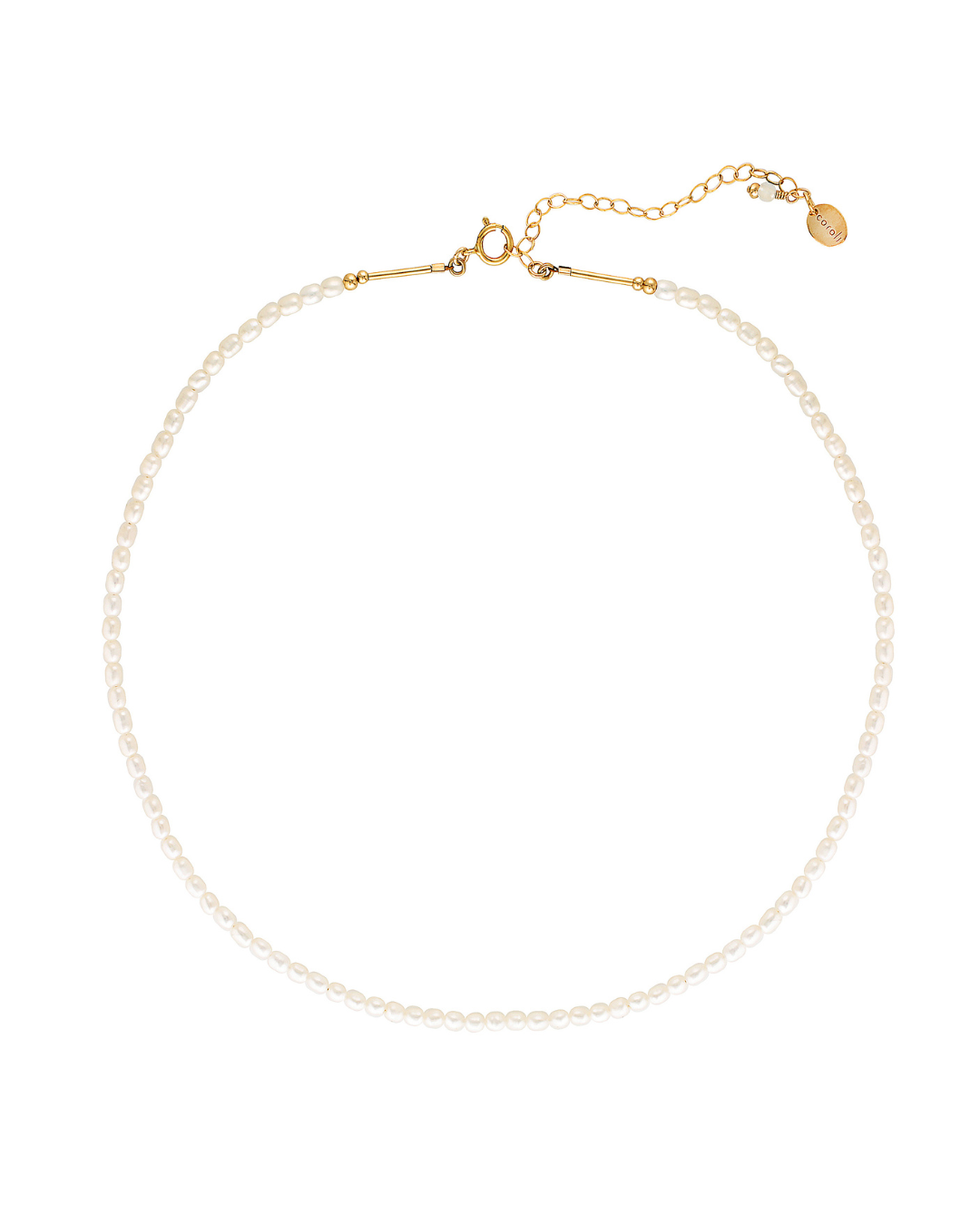 Pearl necklace with gold clasp on a white background