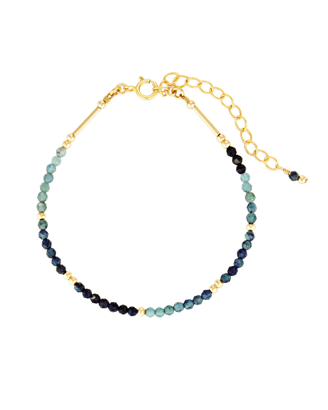 Gold bracelet with teal coloured tourmaline gemstones on a white background
