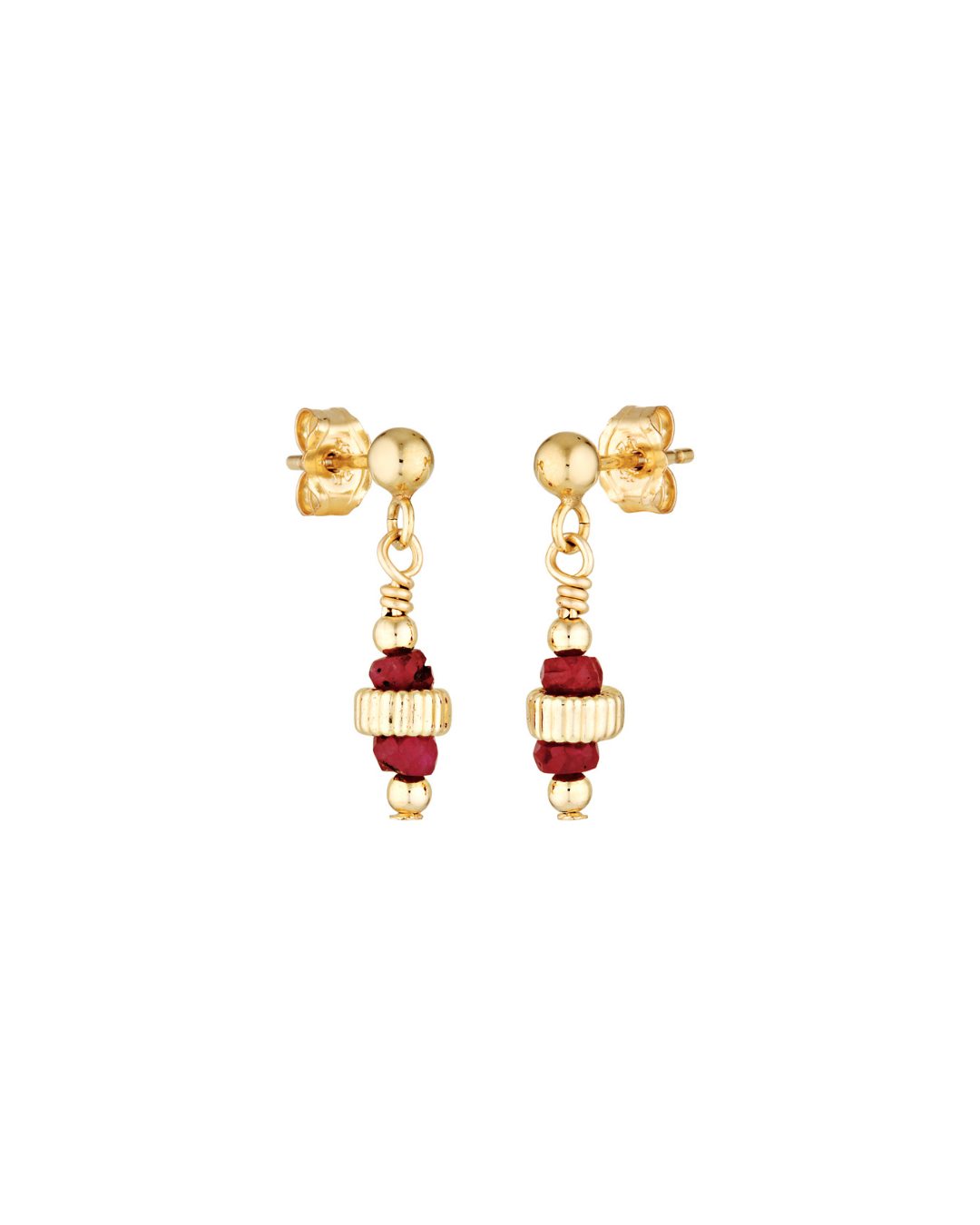 Gold earrings with red beads on a white background