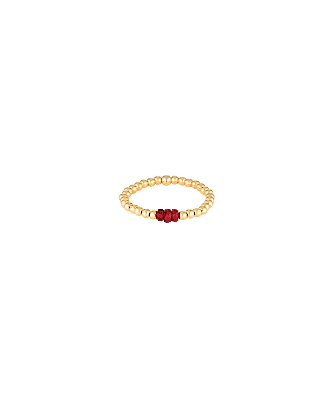Gold beaded ring with a ruby gemstones on a white background