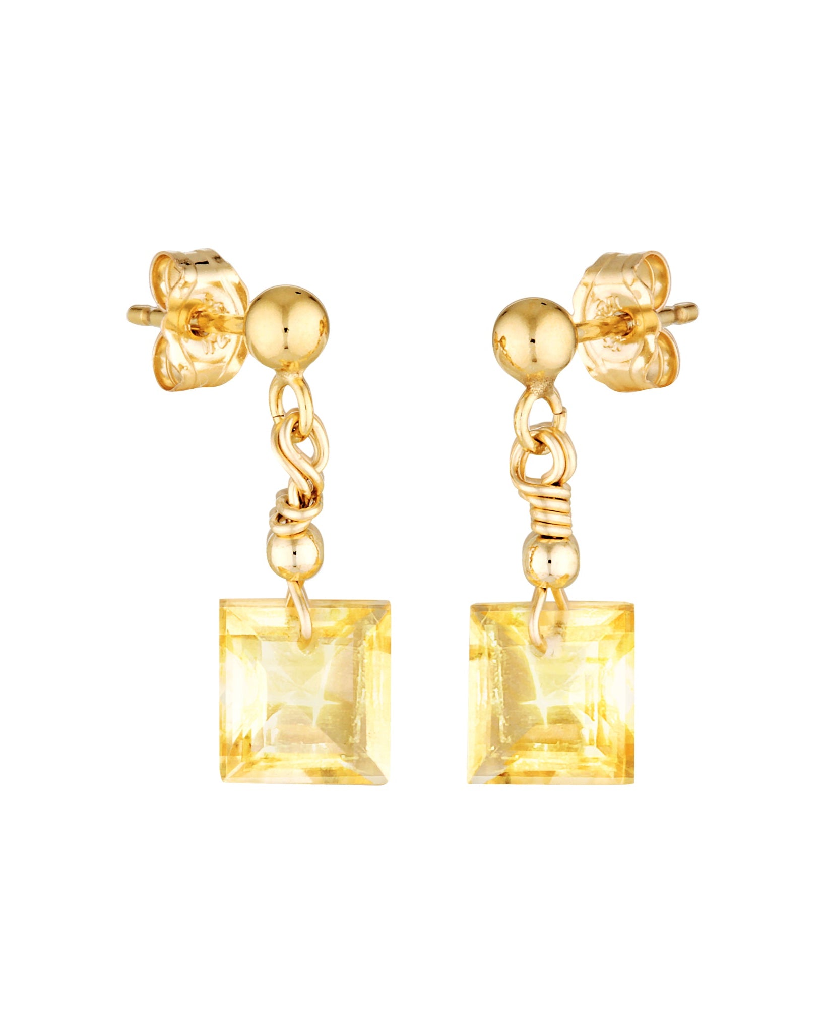 Gold earrings with square citrine stones on a white background