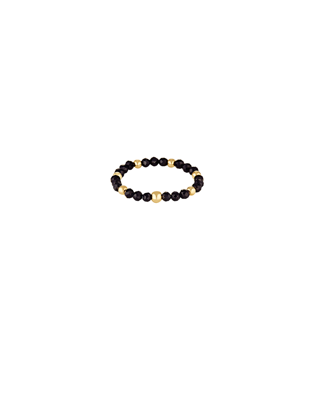 Gold beaded ring with black spinel gemstones on a white background