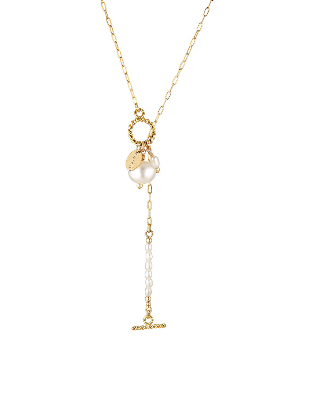 Gold lariat necklace with a gold twisted ring and pearl pendant on a white background