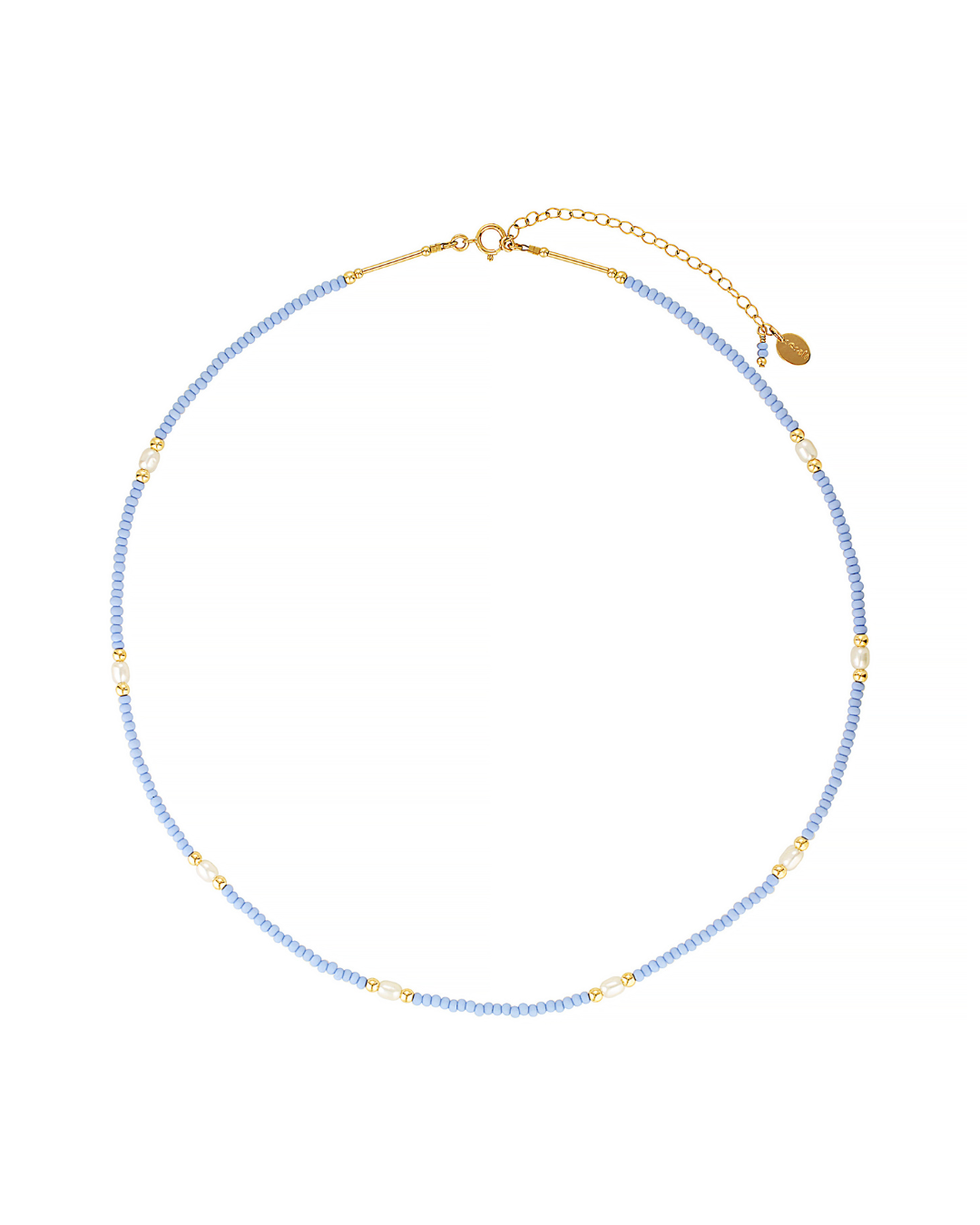 Necklace with blue glass beads with pearls and gold beads on a white background