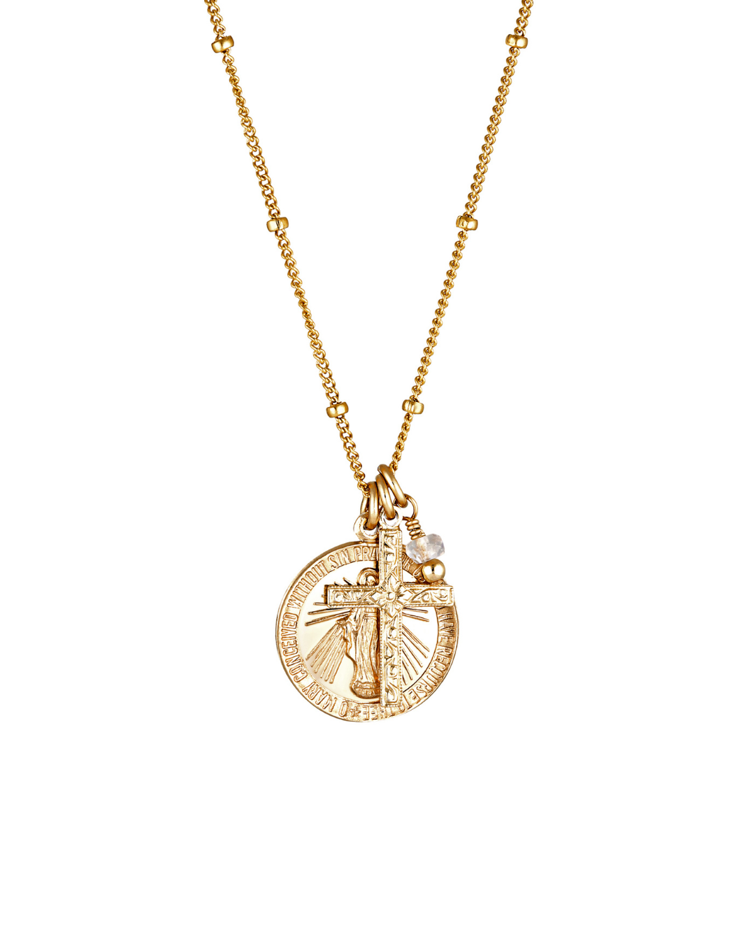 Gold trio pendant necklace with a circular mary pendant, cross and moonstone gem on a white background
