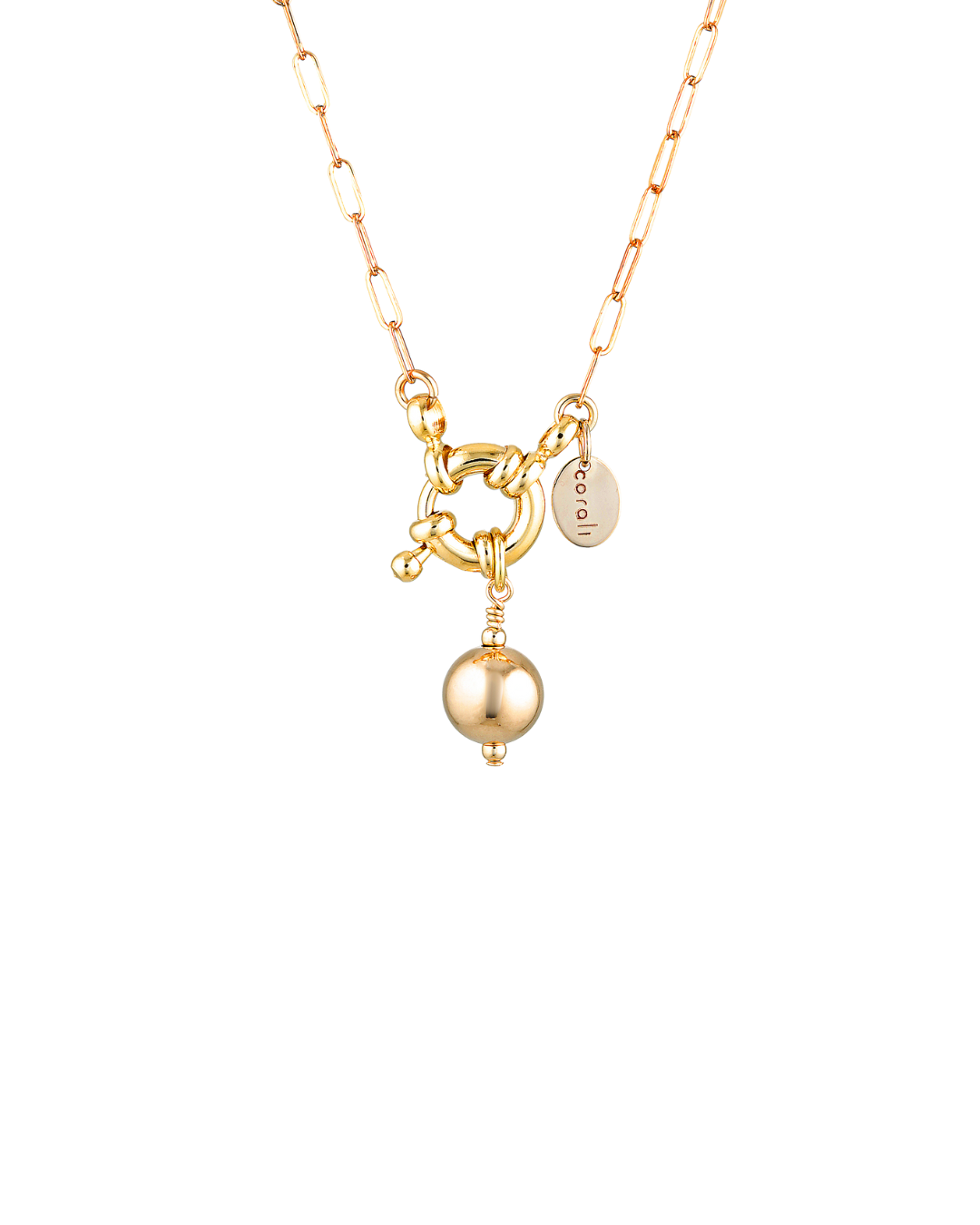 Gold necklace with sailor clasp and pendant on a white background