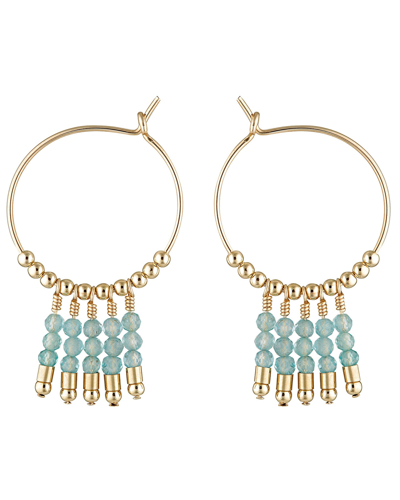 Gold hoop earrings with apatite gemstones on a white background