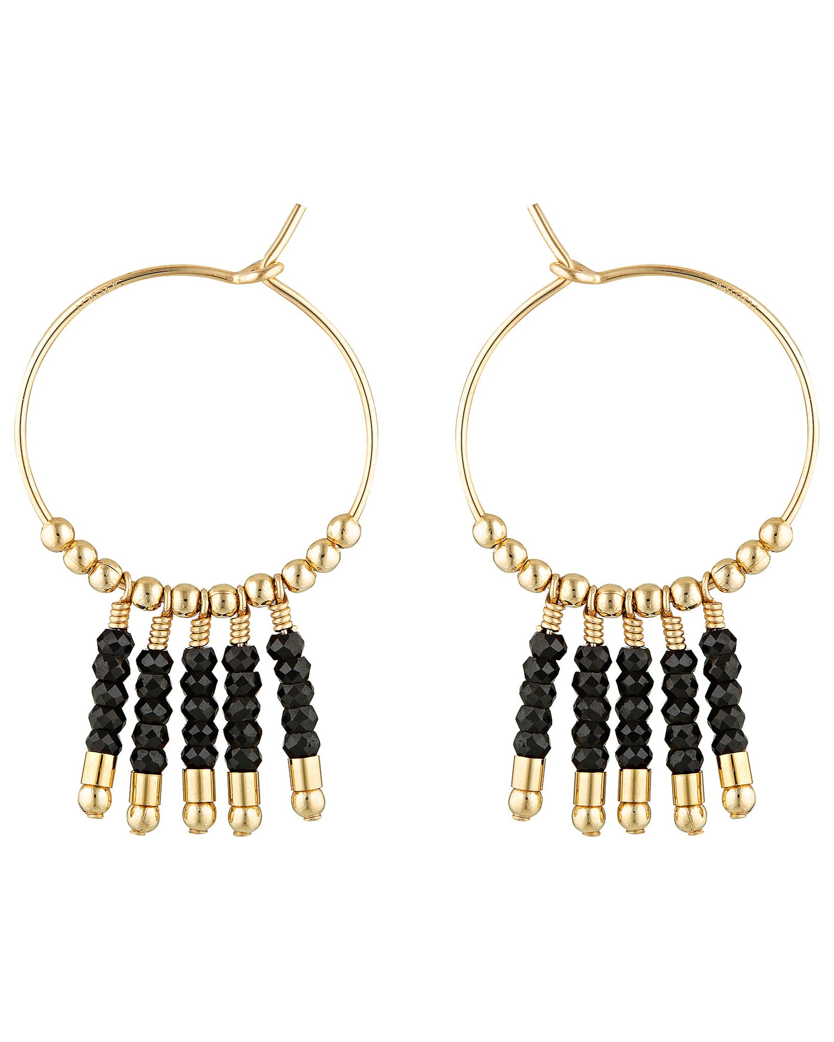 A pair of elegant gold-colored hoop earrings with black spinel gem accents.