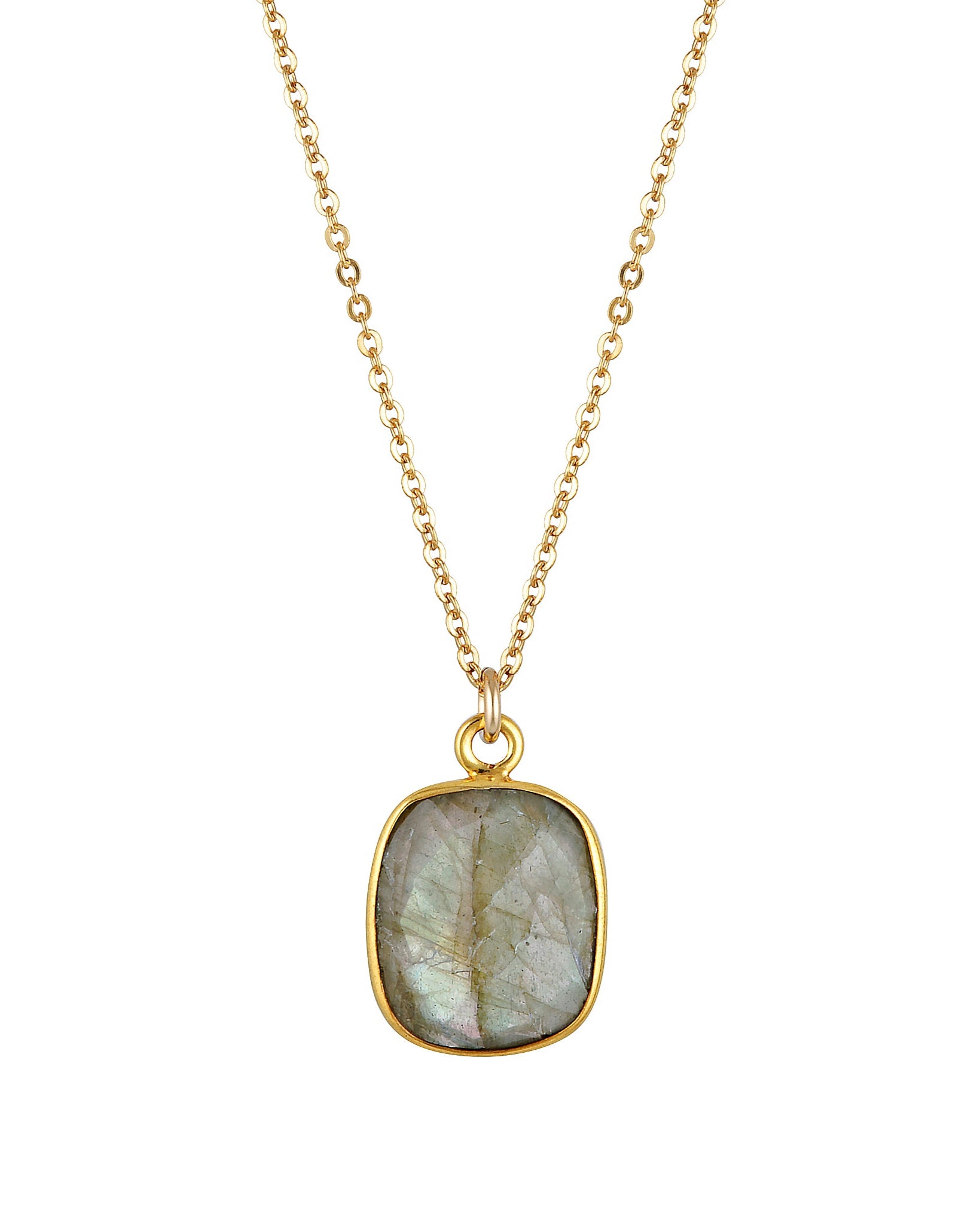 A gold cable chain necklace with a square-shaped labradorite gemstone pendant.