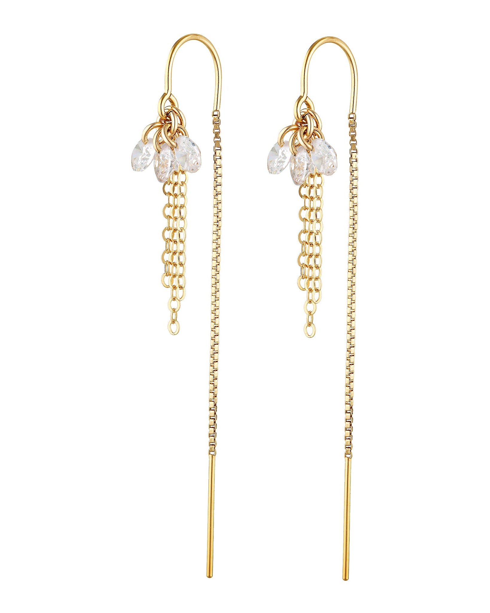 A pair of gold-filled earrings featuring chain tassels and cubic zirconia embellishments.