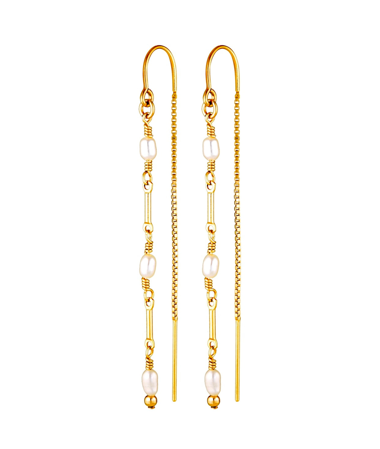 A pair of gold and pearl earrings on a white background.