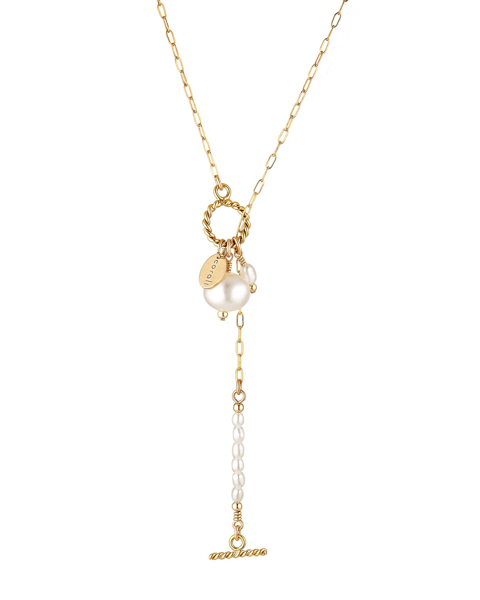 A gold-filled chain lariat necklace with a toggle clasp and a twist, featuring freshwater pearls.