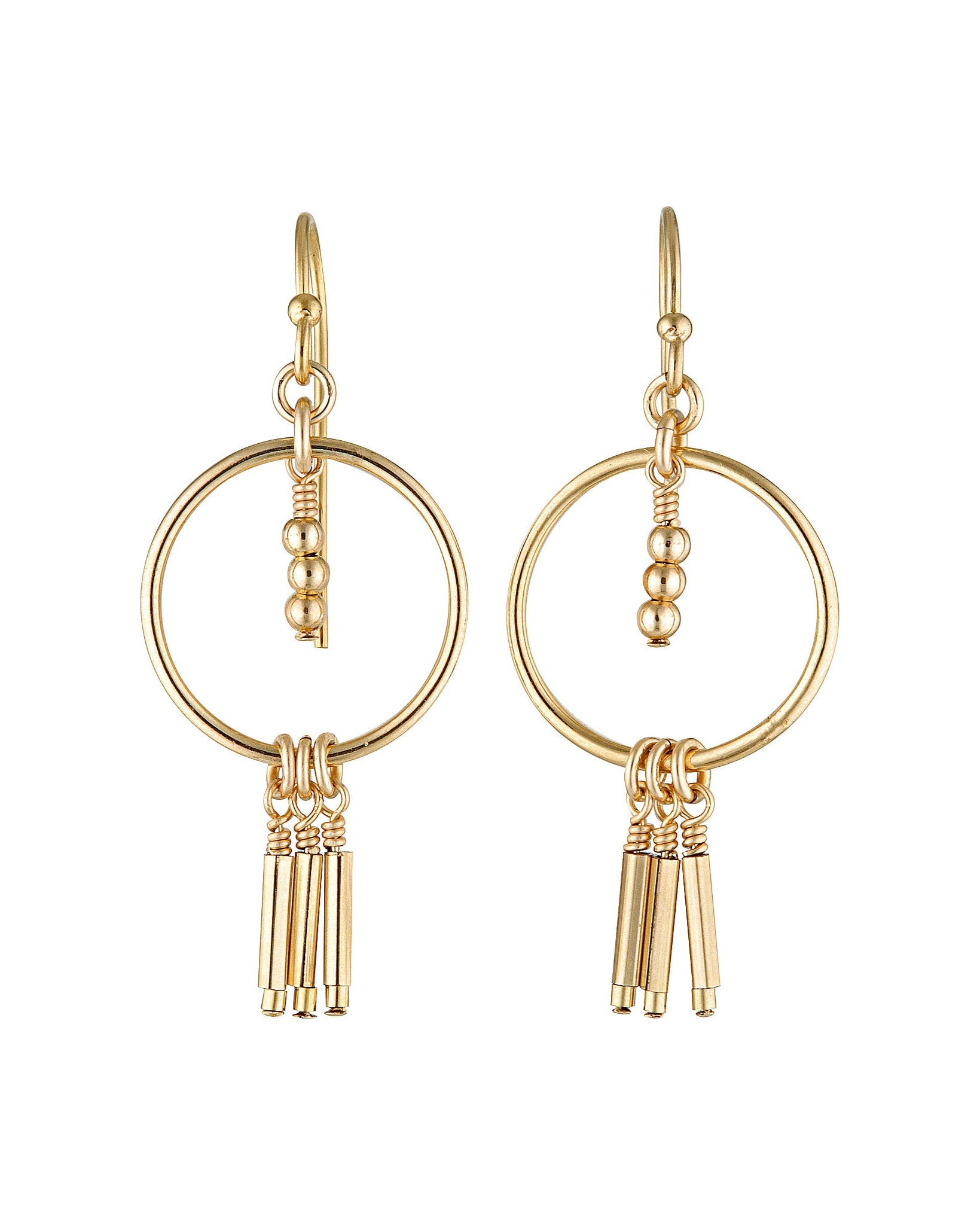 A pair of 14Kt gold filled earrings featuring a circular hoop design with a tassel detail, crafted in a metallic gold color.